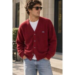 Vintage Izod Lacoste Cardigan Sweater Mens L Red Orlon Acrylic USA Made 80s